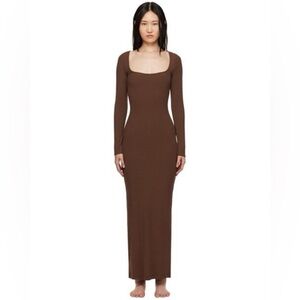 SKIMS Lounge Ribbed Long Sleeve Maxi Dress in Cocoa size 4x‎